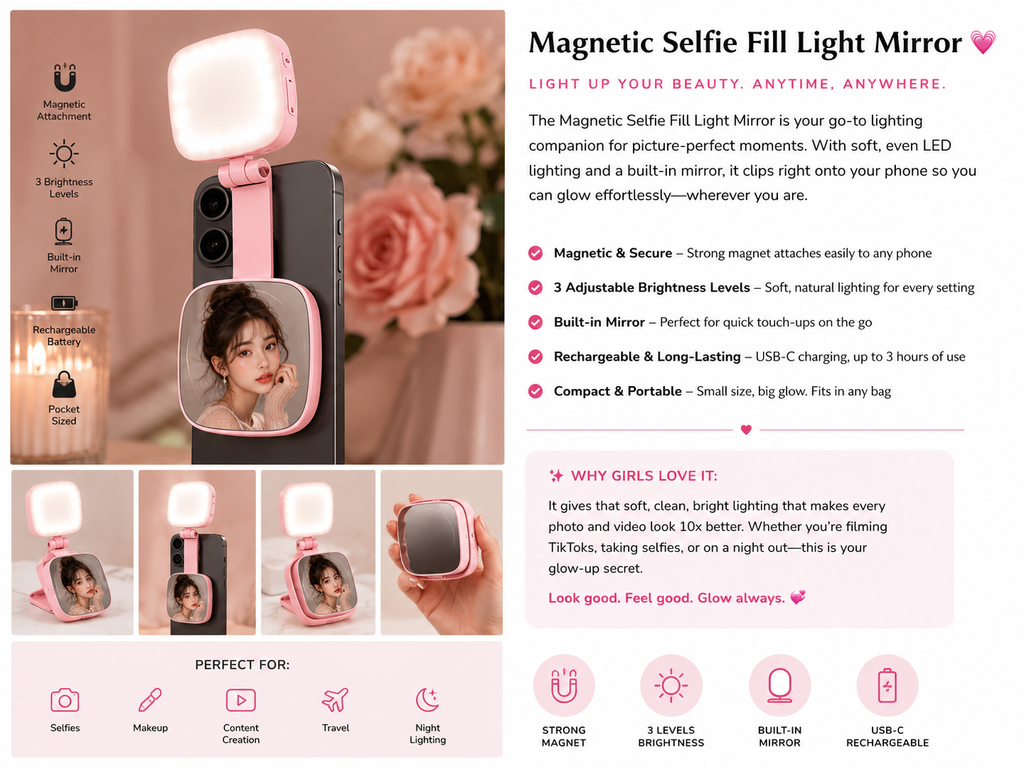 Magnetic selfie light mirror