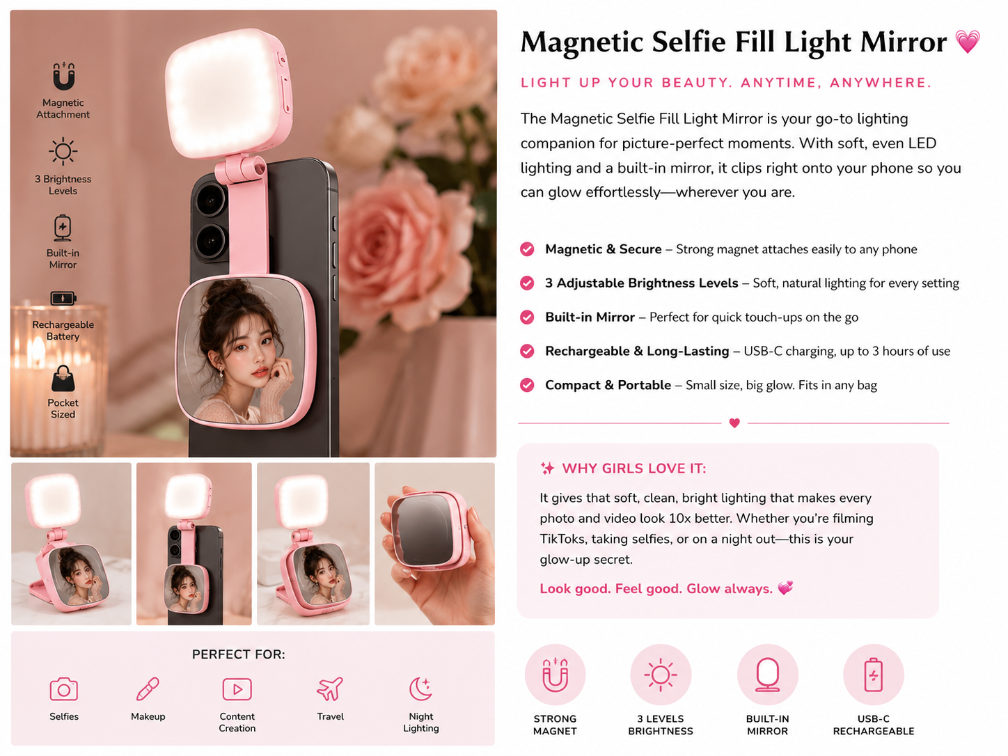 Magnetic selfie light mirror
